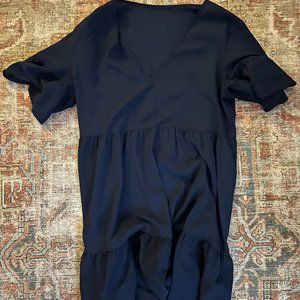 Shein V-Neck Navy Blue Ruffle Hem/Sleeve Tiered Dress